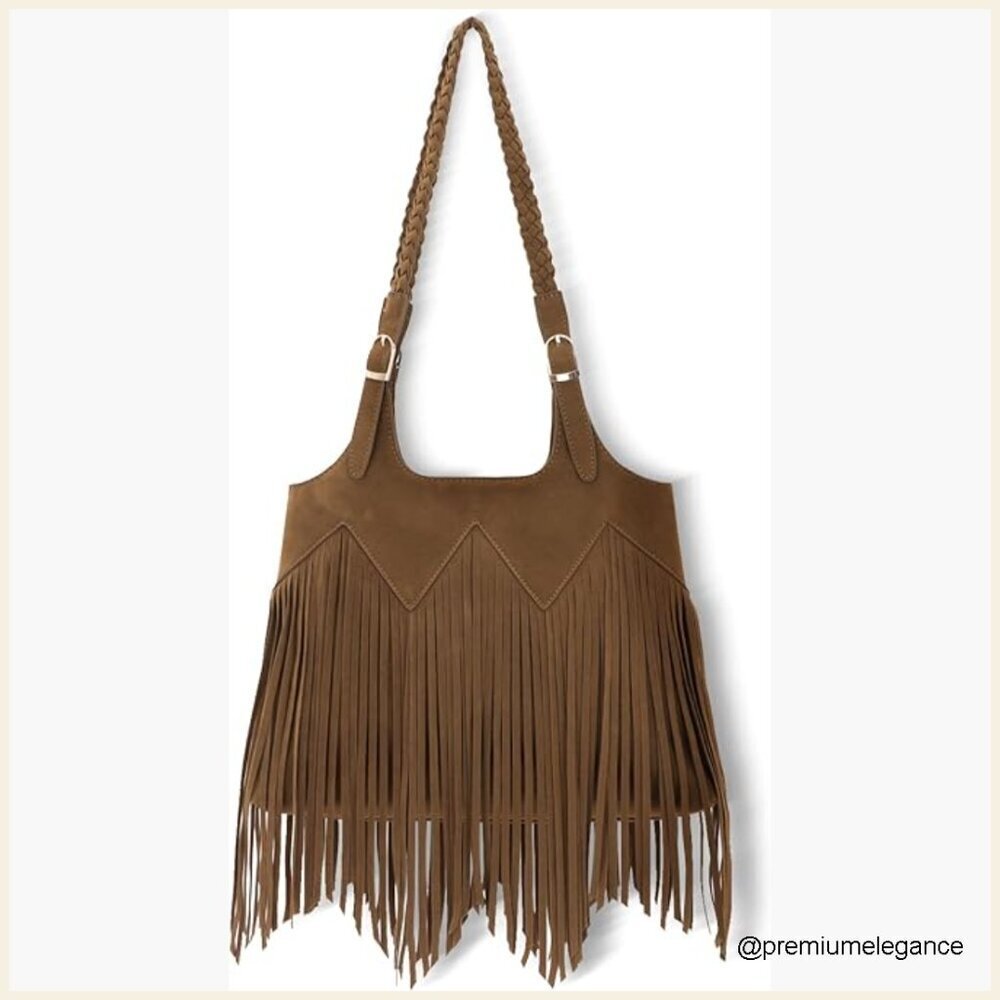 Faux Suede Hobo Bag with Fringe Tassels, Woven Design, Shoulder Strap